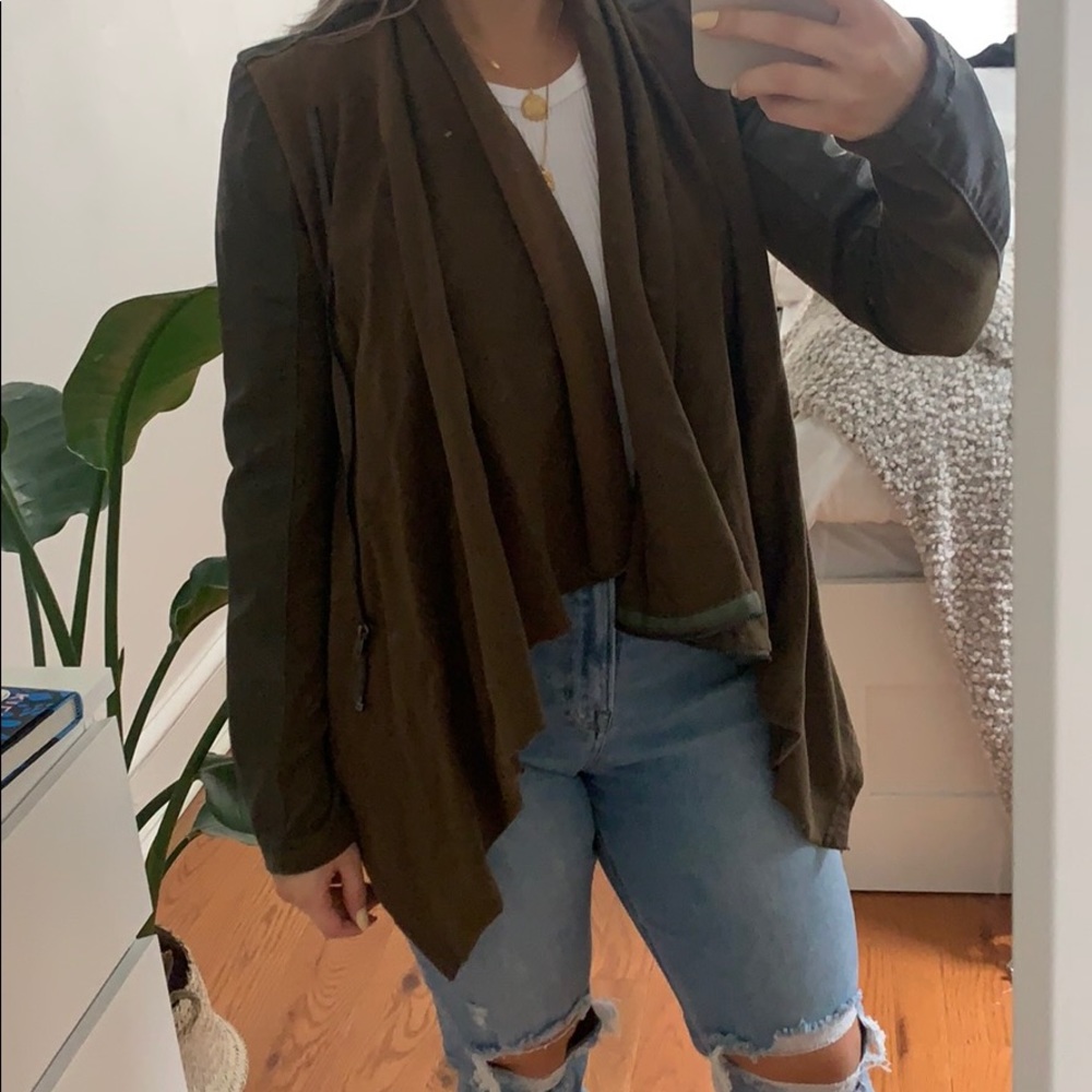 Olive green faux leather drape jacket